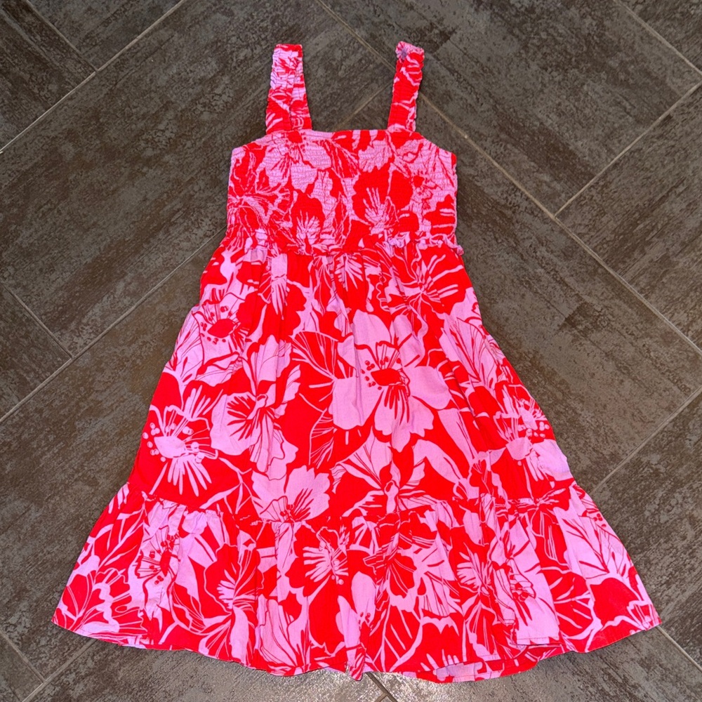 Gap Girls Pink & Red Floral long Dress smocked top spring size large 10